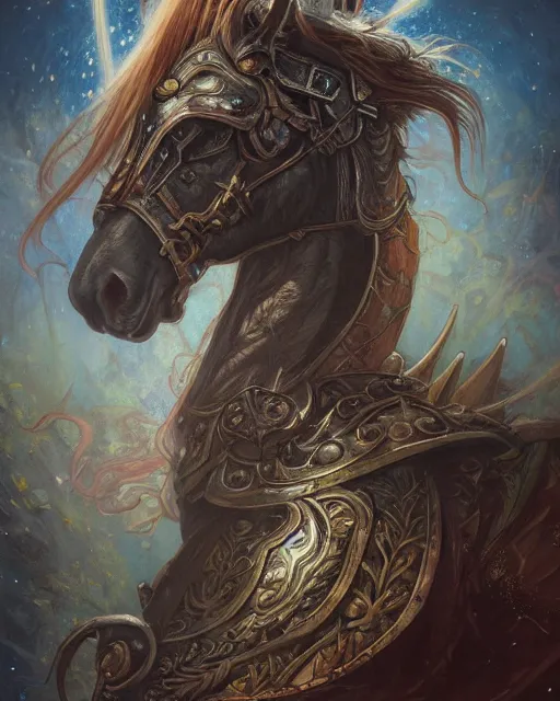 Image similar to Horse warrior, centered, portrait, symmetrical, Path of Exile, Diablo, Warhammer, digital painting, highly detailed, concept art, Nekro, Peter Mohrbacher, Alphonse Mucha, Brian Froud, Yoshitaka Amano, Kim Keever, Victo Ngai, James Jean