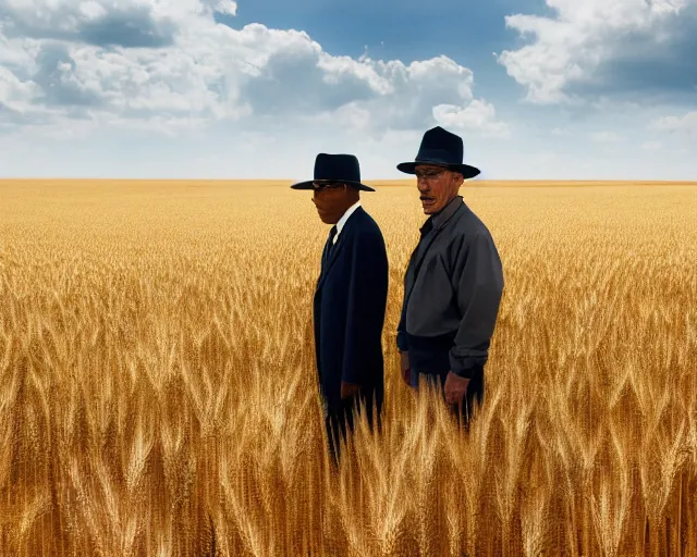 Prompt: walter white wearing a hat and gustavo fring facing each other in a wheat field, long shot, side view, 3 5 mm photograph, 8 k resolution, wide shot, sharp lens