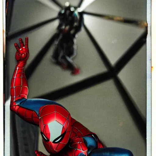 Image similar to a single iron man and spider - man hybrid, dslr, polaroid