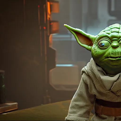 Prompt: yoda as pickle rick in gears of war, splash art, movie still, cinematic lighting, dramatic, octane render, long lens, shallow depth of field, bokeh, anamorphic lens flare, 8 k, hyper detailed, 3 5 mm film grain