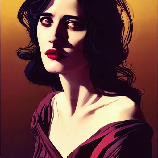 Image similar to Close-up portrait of Eva Green, Joshua Middleton artwork, dramatic backlighting, golden hour, autochrome, high contrast, highly detailed, sharp focus, digital painting, concept art, illustration, cyberpunk, solarpunk, trending on artstation, art by Phil Noto and Alex Toth, composition by alphonse mucha