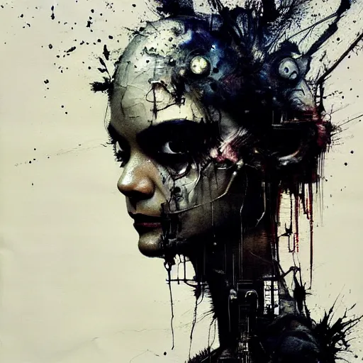Image similar to shannyn sossamon as a beautiful cyborg, wires, skulls!! machines ( by emil melmoth zdzislaw belsinki craig mullins yoji shinkawa ) realistic render ominous detailed photo atmospheric by jeremy mann francis bacon and agnes cecile ink drips paint smears!! digital glitches glitchart!!