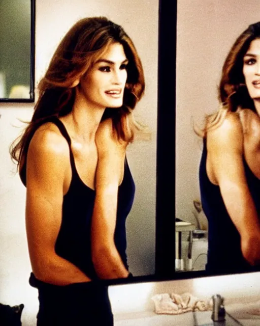 Prompt: cindy crawford looking at the mirror and seeing julia roberts in the reflection, 1970s