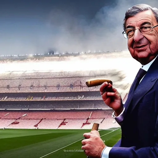 Prompt: high quality picture of florentino perez smoking a cigar, the camp nou burning in the background