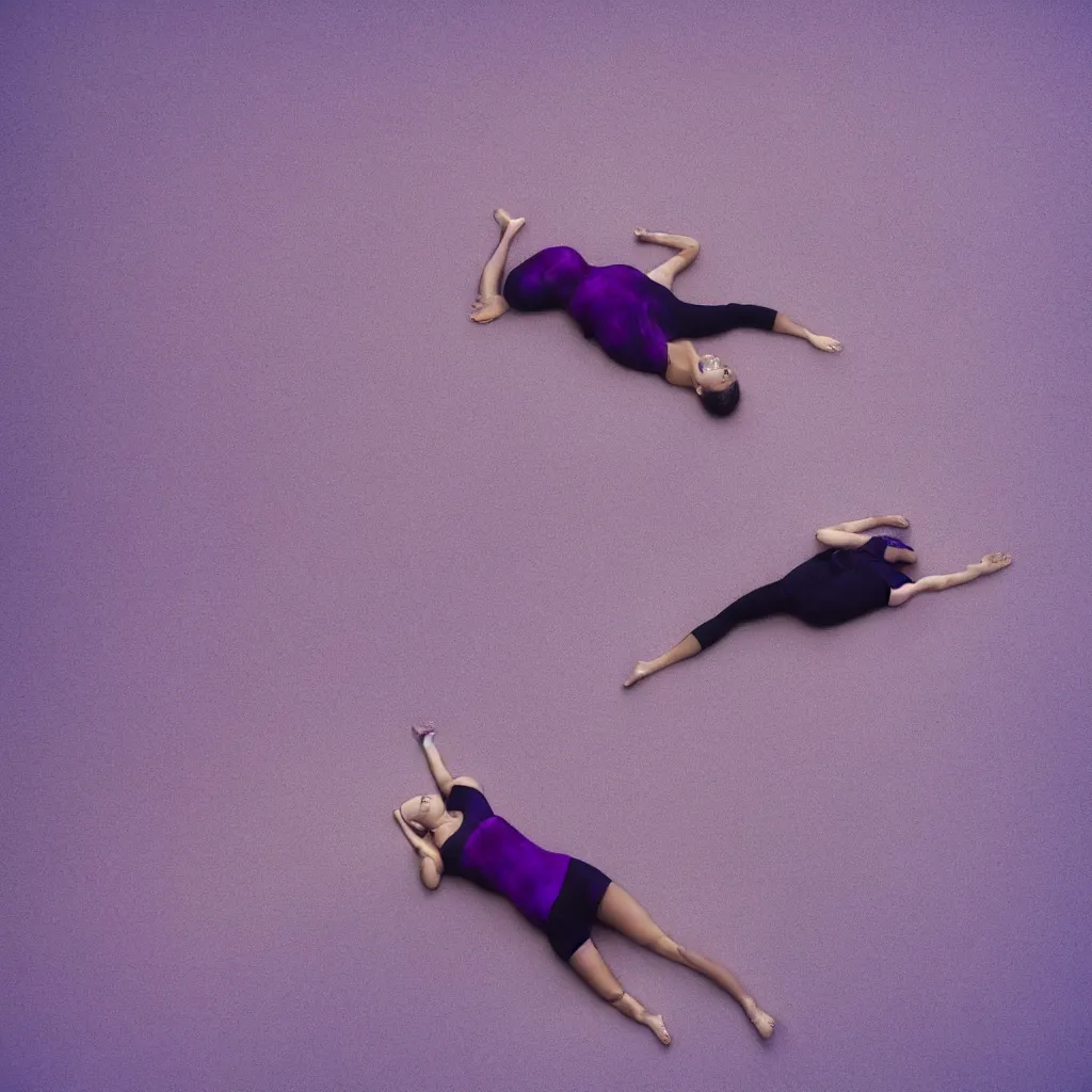 Image similar to aerial view of iridiscent oil spill in desert dunes of sand tempest with women corpses connected by cables and computers to wax forms to a buried baby relaxing on yoga mat, faded, purple gradient, dust, purple fog, depth of field, by werner herzog, hans bellmer and nadav kander, 8 k, sad atmosphere, cinematic