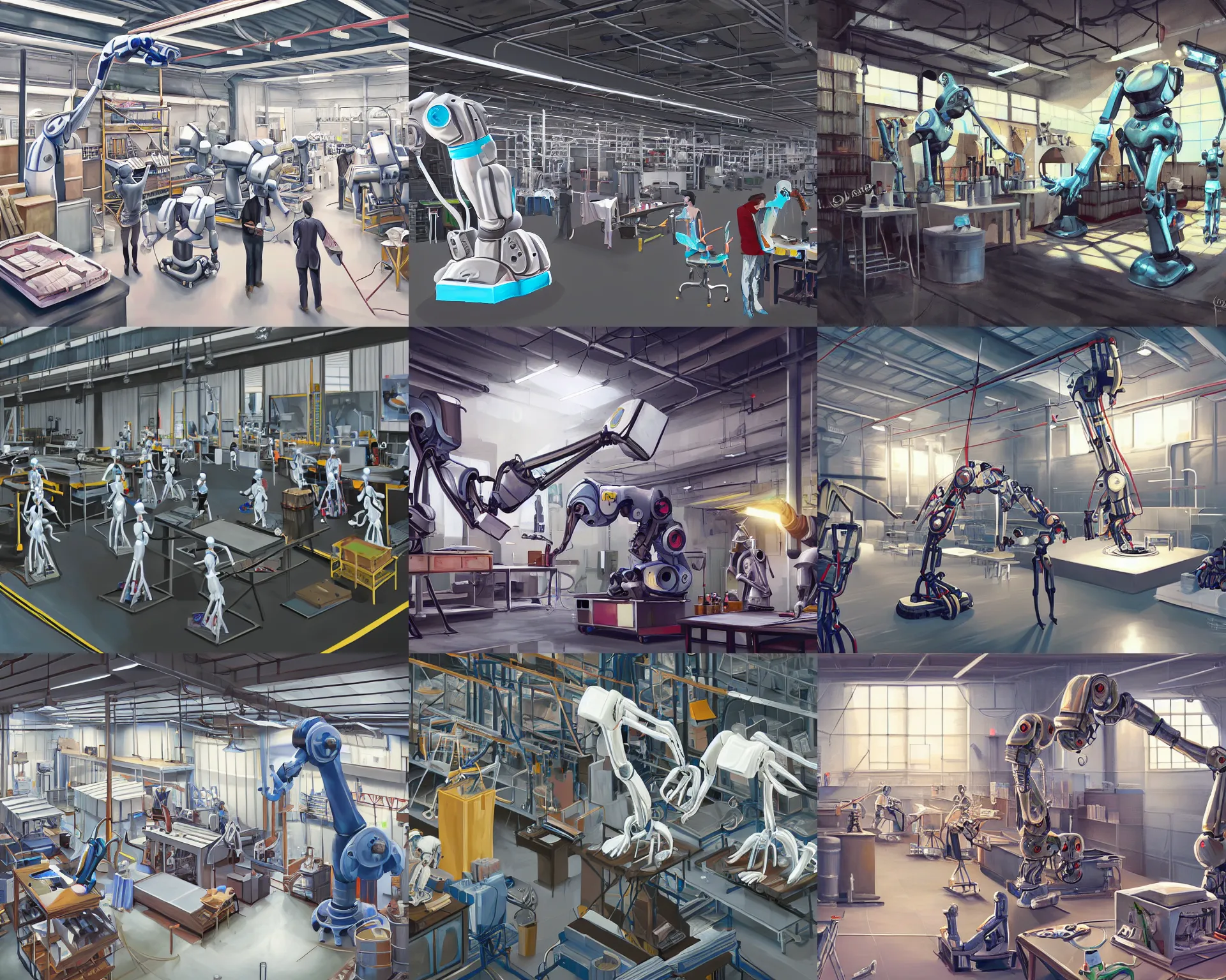Prompt: painting of the factory where ais get custom bodies made. huge robot arms assembling a dainty lady robot. painted an ai, realistic shaded lighting, artgerm.