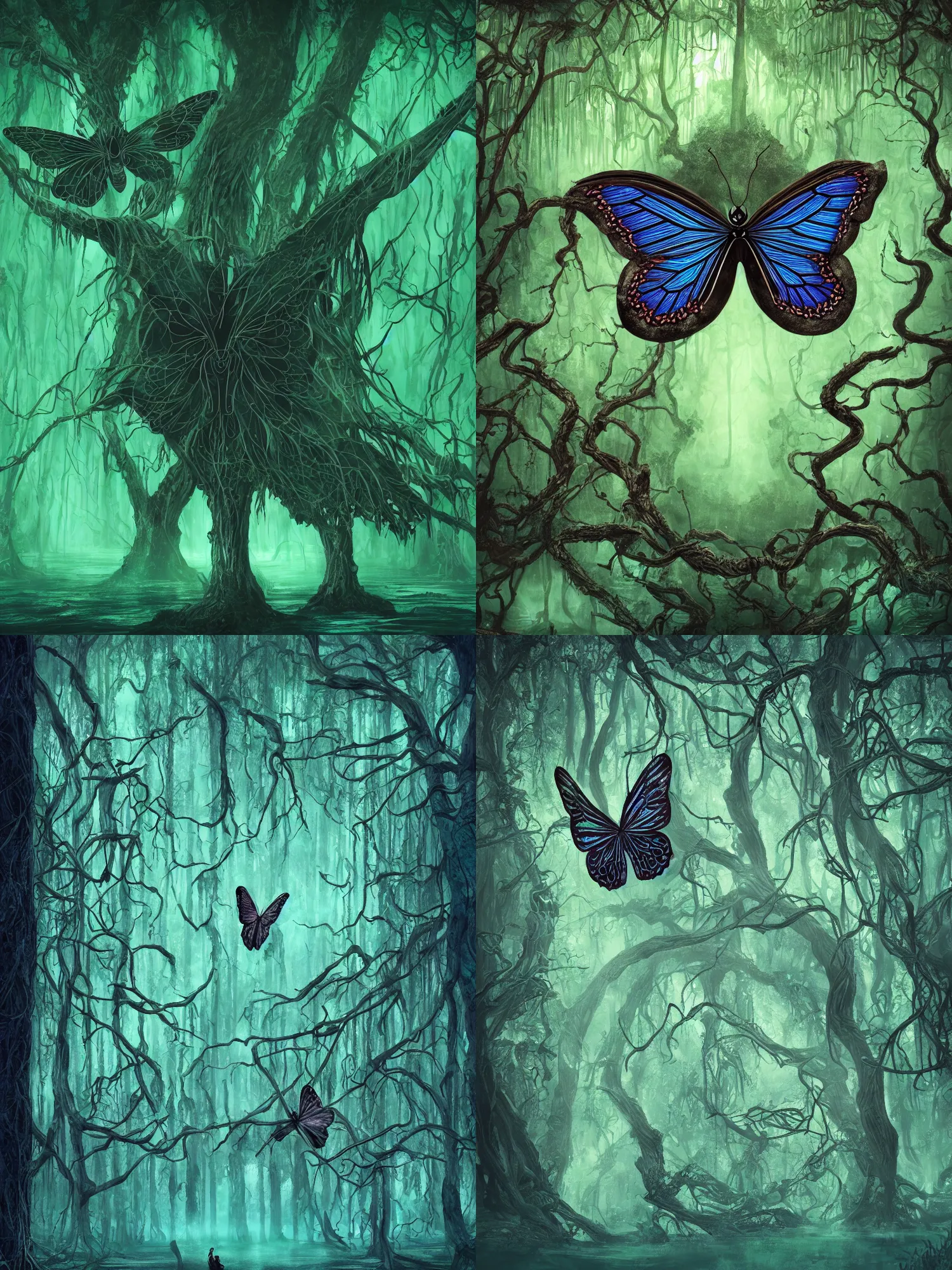 Prompt: a photo of a book cover of a black symmetrical butterfly symbol overlay on a turquoiuse green and blue swamp forest backdrop of a dark crystal spring, many swamp trees, cinematic, highly detailed, sharp focus, intricate concept art, digital painting, colorful flat surreal design, hd, 8 k, artstation, ambient lighting