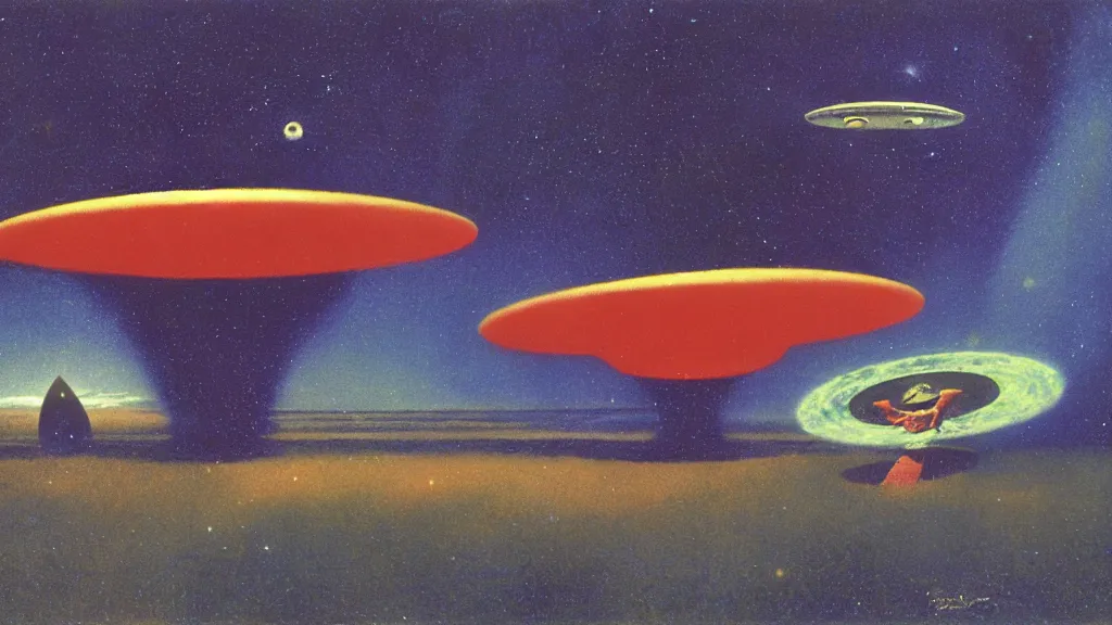 Image similar to flying saucer design by paul lehr and jack gaughan and john schoenherr, cinematic matte painting