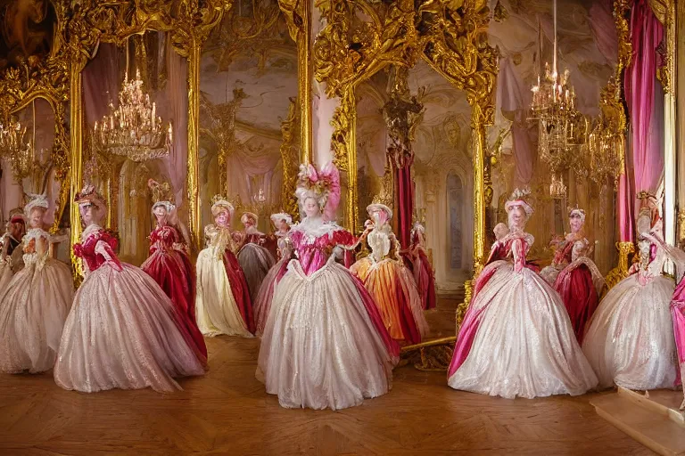 Image similar to in the versailles hall of mirrors, queen marie - antoinette dances in the foreground with her ladies - in - waiting at a masked ball. all high ladies are dressed in colourful, opulent robes embroidered with glittering sequins. the hall of mirrors features ornate crystal chandeliers with glowing candles and golden ornaments. photorealism red velvet curtains on the windows with night lights outside