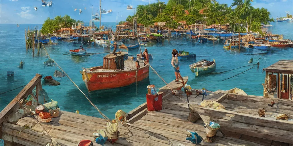 Image similar to a little fisher village in cuba, wood pier and houses, nets and boats, house made with boat parts, scenic view, bright day, hyper realistic, matte painting by marc simonetti and rhads and donato giancola, trending on artstation