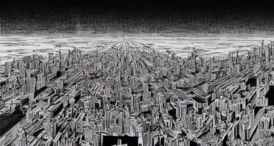 Prompt: view on futuristic city in the horizon, illustration by stanley donwood, detailed, sharp, masterpiece, 8 k