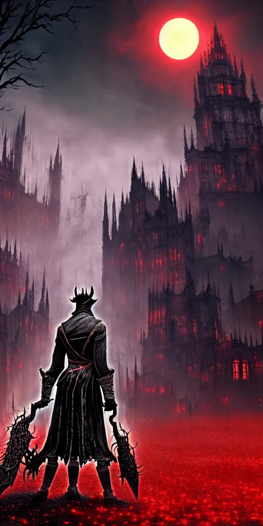 Image similar to populated bloodborne old valley with a dark person at the centre and a ruined gothic city in the background, trees and stars in the background, falling red petals, epic red - orange moonlight, perfect lightning, wallpaper illustration by niko delort and kentaro miura, 4 k, ultra realistic, upscaled