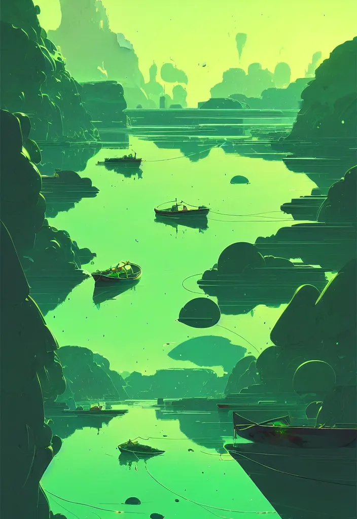 Prompt: by moebius and atey ghailan | a bright green river with clear crystal boats moving up and down it |