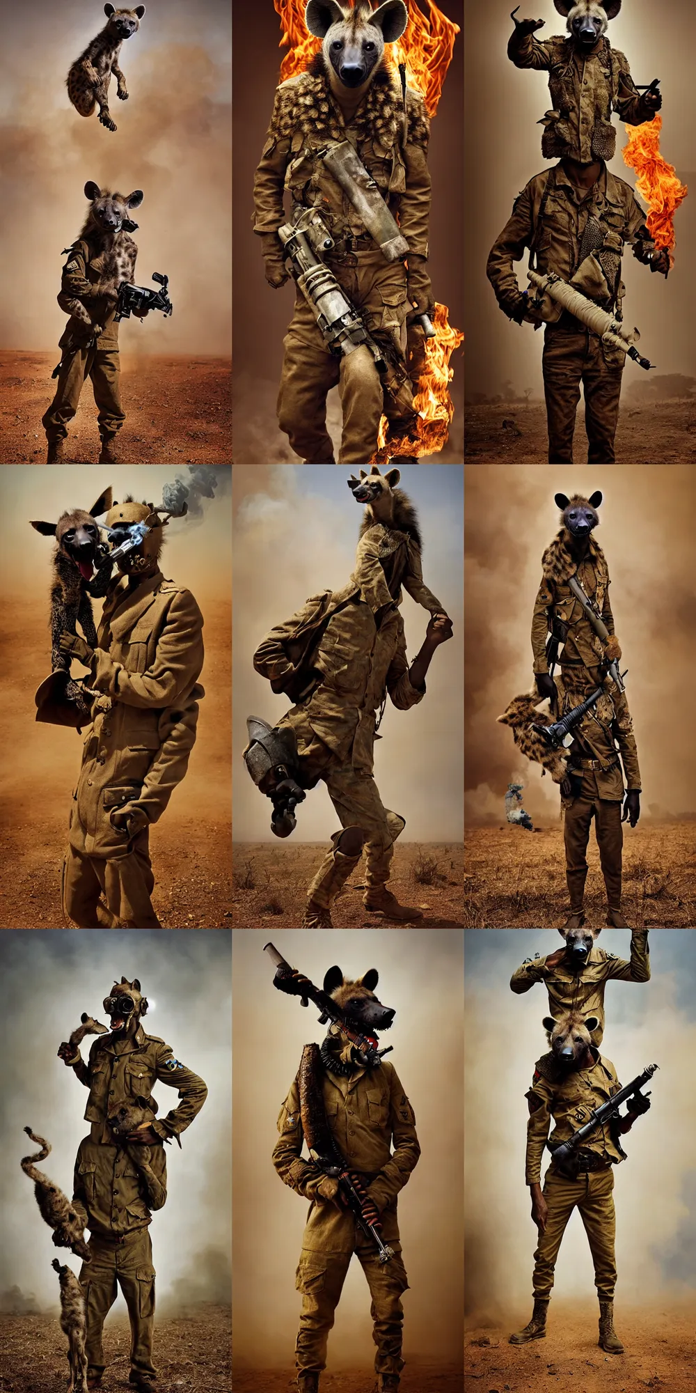 Prompt: an anthropomorphic badass hyena on two legs, dressed as a war soldier, african war landscape, smoke and fire, photography by pieter hugo and annie leibovitz