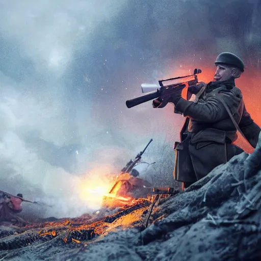 Image similar to putin vladimir fires a firearm in the trenches in the war, colorful, contrast, 3 d scene, greg rutkowski, zabrocki, karlkka, jayson devadas, trending on artstation, 8 k, ultra wide angle, zenith view, pincushion lens effect