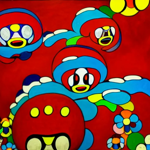 Image similar to Three bright red demons flying up from a desert canyon in the style of Takashi Murakami, highly detailed