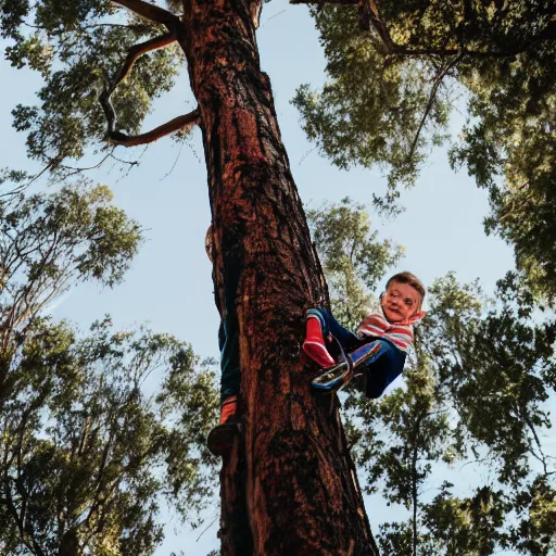Image similar to bogan kid stuck up a tree, screaming, canon eos r 3, f / 1. 4, iso 2 0 0, 1 / 1 6 0 s, 8 k, raw, unedited, symmetrical balance, wide angle