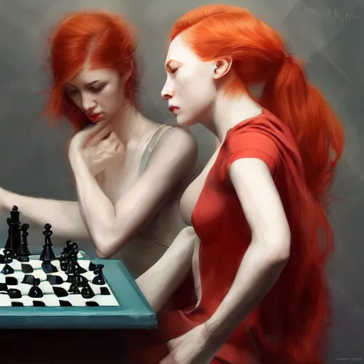 Image similar to Identical pale red haired Twin Women start playing chess against each other by Ruan Jia and Mandy Jurgens and Artgerm and william-adolphe bouguerea, highly detailed, trending on artstation, award winning,