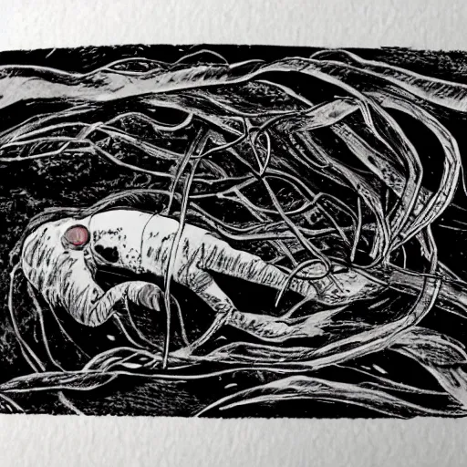 Prompt: a ghost swimming underwater in dirty murky mussy water and ink, vines, weeds, tendrids