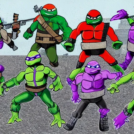 Image similar to teenage mutant ninja turtles as minecraft characters fighting shredder in the streets of new york