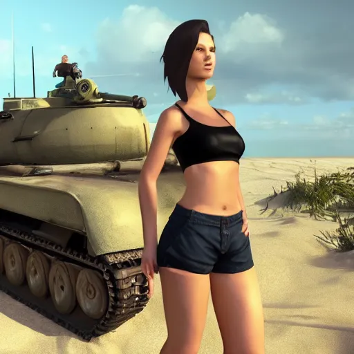 Image similar to fit 2 0 year old women with short black spiky hair wearing a short crop top and tiny shorts sitting ontop of a ww 2 tank on a sandy beach with a destroyed city behind her, unreal 5 engine, 4 k, ultra hd, vivid