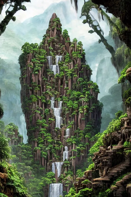 Image similar to carved into a Mountain a temple above a waterfall, giant intricate statues, arches adorned pillars, archways, gnarly trees, lush vegetation, forrest, a small stream runs beneath the waterfall, landscape, raphael lacoste, eddie mendoza, alex ross, concept art, matte painting, highly detailed, rule of thirds, dynamic lighting, cinematic, detailed, denoised, centerd