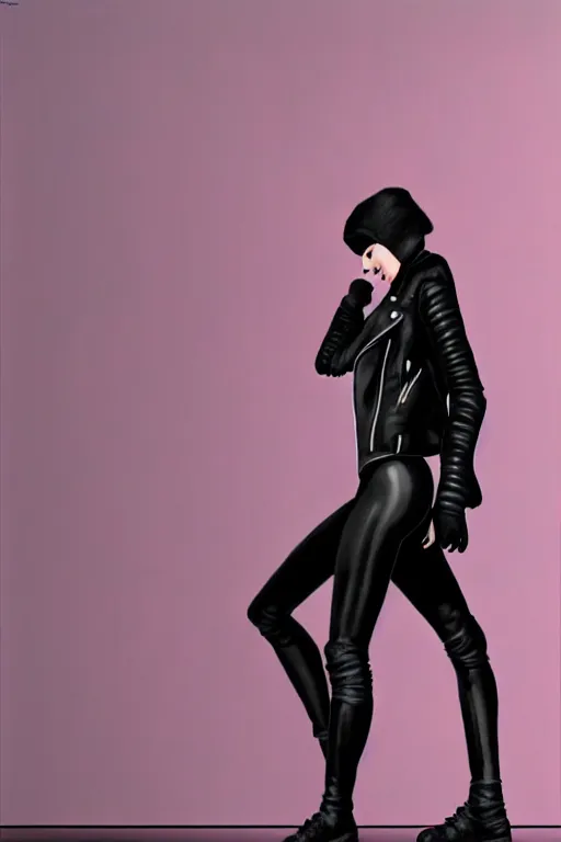 Prompt: Sideview of Girl in jet black biker jacket, jet black leggins, pink shoes, looking at the camera!, relism, matte painting, by Albert Aublet, Krenz Cushart, WLOP, Sakimichan