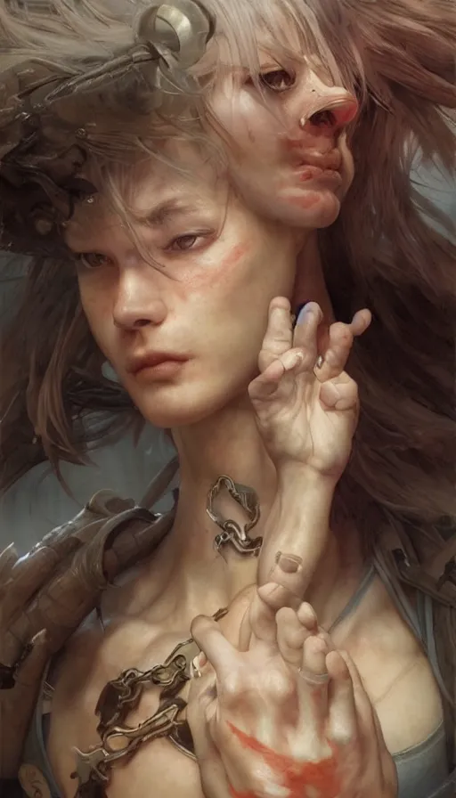 Prompt: epic masterpiece street fighter, sweaty skin, hyperrealistic, octane render, cinematic, beautiful face and flawless skin, perfect hands, 5 fingers, by Edgar Maxence and Ross Tran and Michael Whelan, Legends of Runeterra