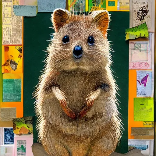 Image similar to detailed illustration, a portrait of a happy quokka on rotttnest island constructed from colored paper, collage, may gibbs, layered composition, layers, texture, textured, layered, sculpted, dynamic, 🦋,