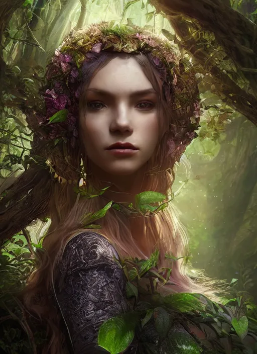 Prompt: Beautiful art portrait of a female fantasy sorceress in a dark mystical fantasy temple surrounded by lush spring time forest, atmospheric lighting, intricate detail, cgsociety, hyperrealistic, octane render, RPG portrait, ambient light, dynamic lighting