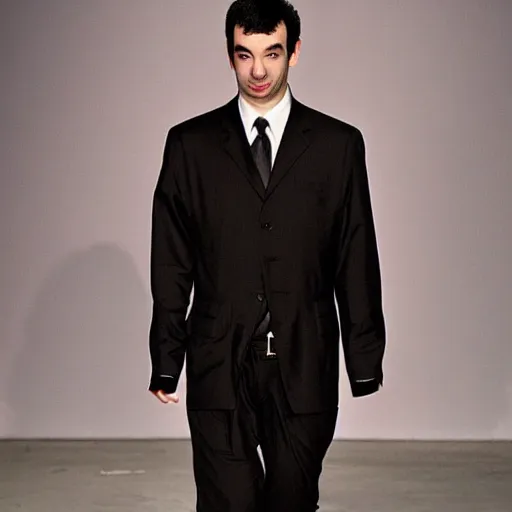 Prompt: Nathan Fielder on the runway modeling avant-garde Yohji Yamamoto clothes