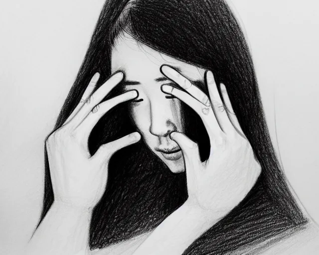 Image similar to a drawing of a woman covering her face with her hands, a sketch by kim eung - hwan, trending on pixiv, context art, pencil sketch, high detail, kinetic