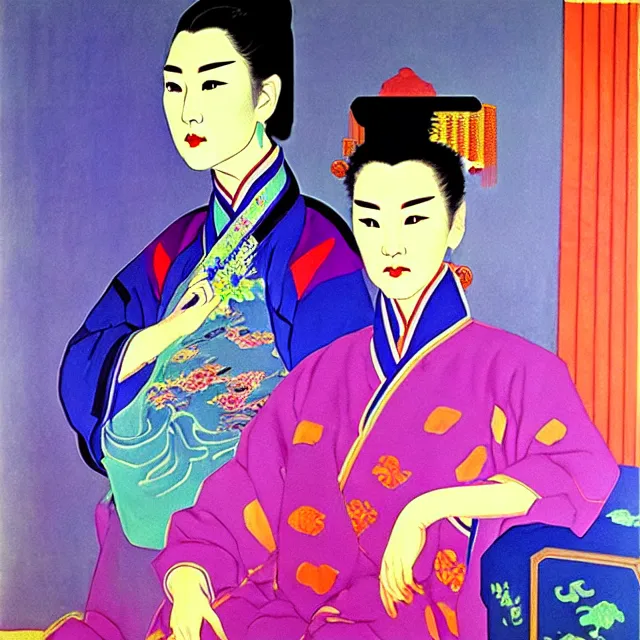 Image similar to a beautiful painting cyberpunk the empress of the qing dynasty of china, by andy warhol henri matisse art deco lumion render realistic oil painting