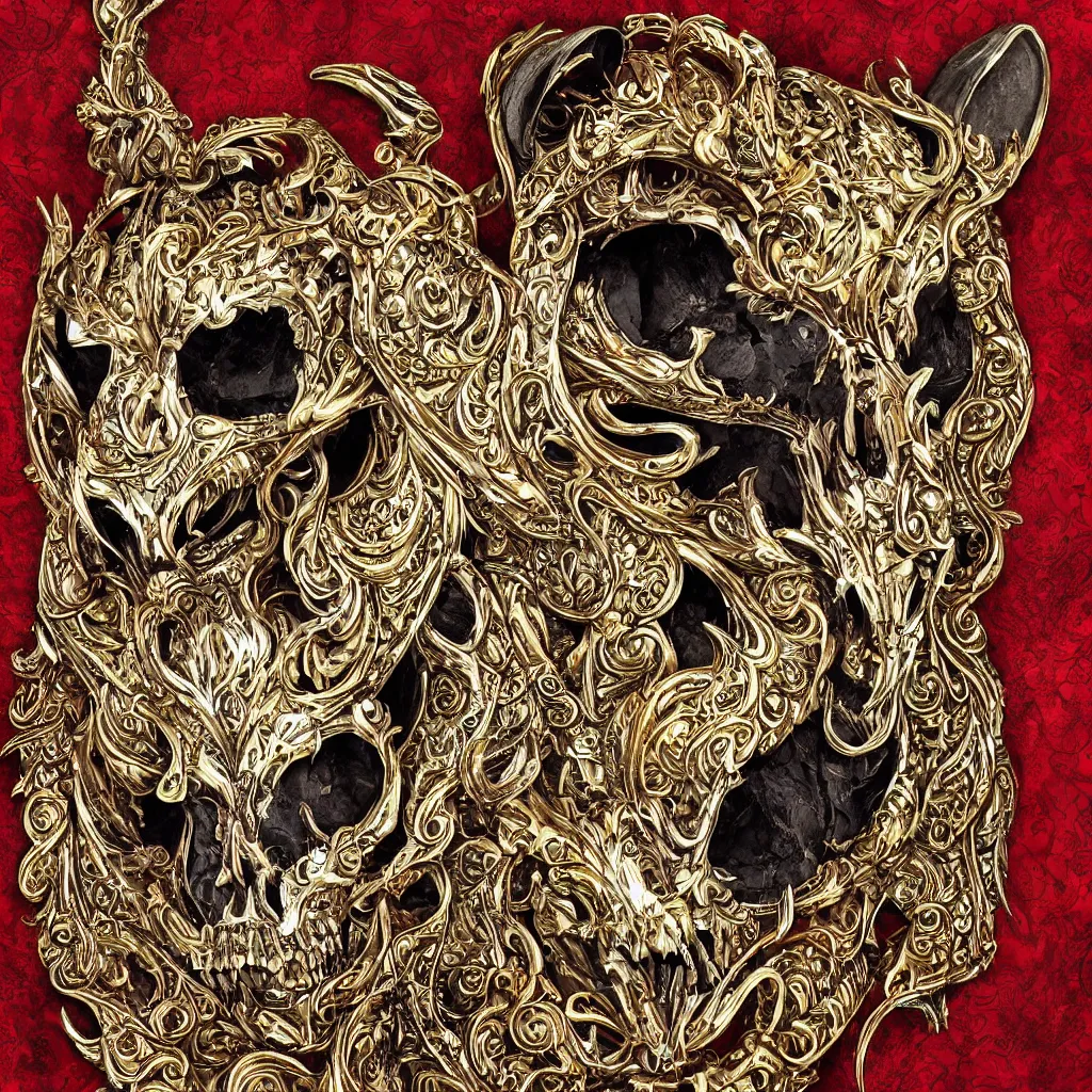 Image similar to photo portrait portrait of femine puma with skull pendant, wolf skull pedant, golden fur, symmetric, intricate skeletal decorations on ornate silks, symmetry, highly detailed, concept art, ornaments, black, red, white, gold layers, super moon, style of nekroxiii, hyperrealistic