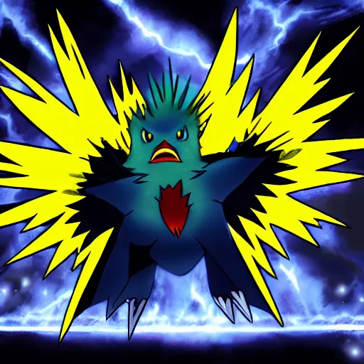 Prompt: zapdos サンダー Thunder Zapdos Zapdos https://archives.bulbagarden.net/media/upload/thumb/e/e3/145Zapdos.png/1200px-145Zapdos.png