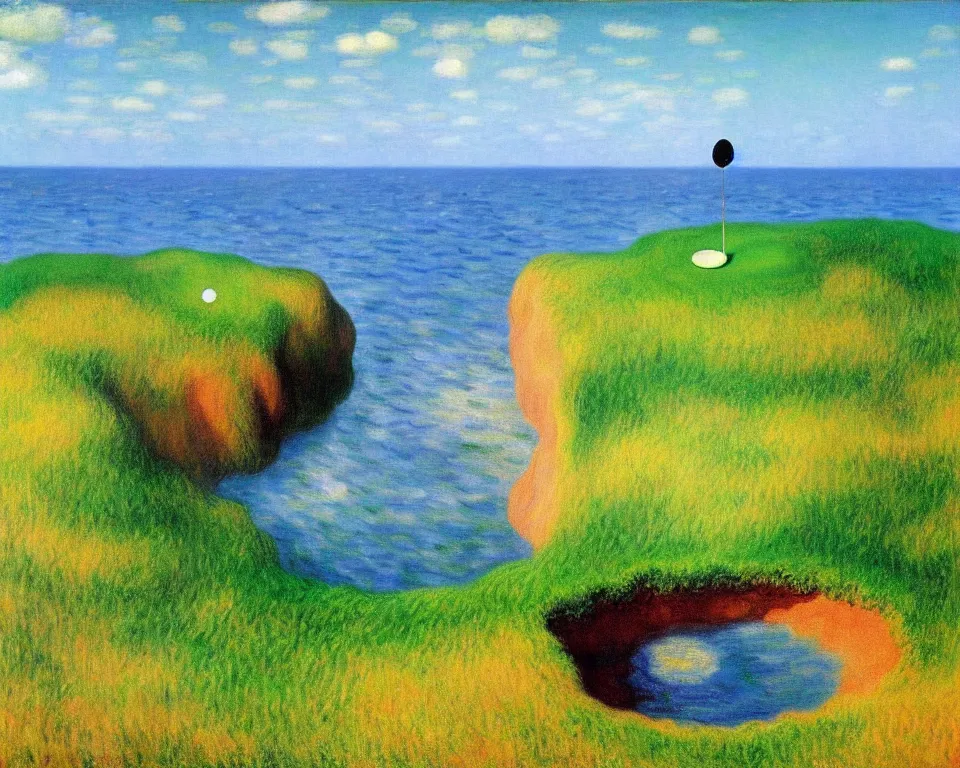 Image similar to achingly beautiful painting of pacific dunes hole 1 3 by rene magritte, monet, and turner.