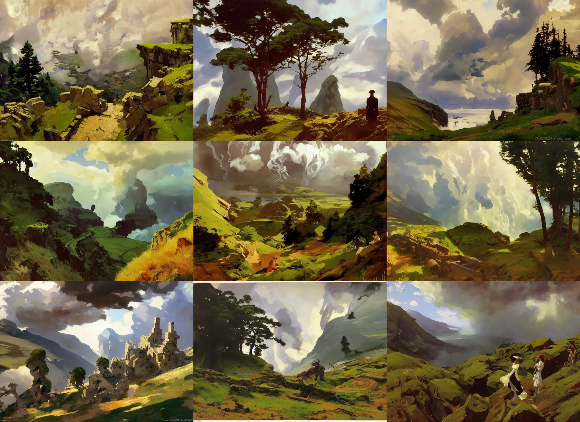 Prompt: painting by sargent and leyendecker and greg hildebrandt savrasov levitan polenov, studio ghibly style mononoke, huge old ruins, middle earth above the layered low clouds road between forests trees sea bay view faroe azores overcast storm masterpiece