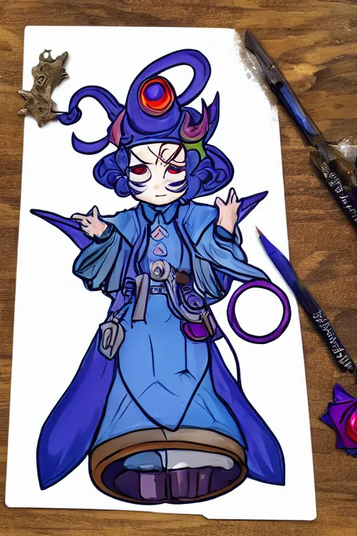 Image similar to Jester Lavorre blue chibi tiefling from Critical Role in a steampunk process outfit in a starry space sky 🌈