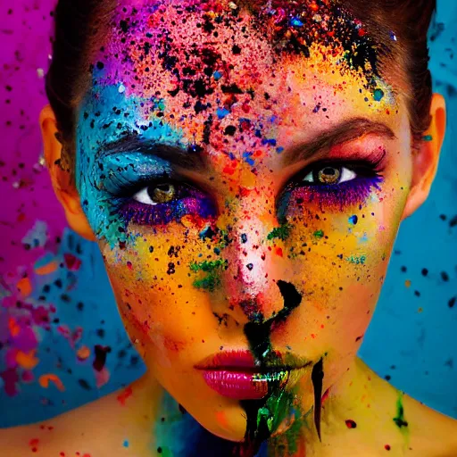 Prompt: portrait photography, stunning woman with deep amber eyes, splattered with shimmering colorful paint