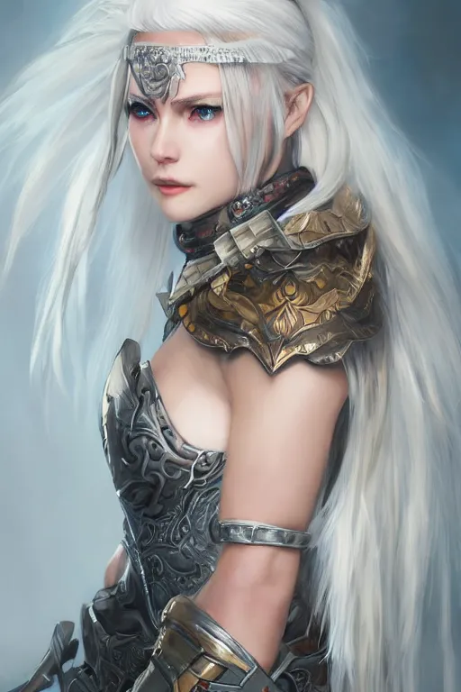 Image similar to A realistic anime portrait of a white haired female barbarian wearing an intricate armor, digital painting, by Stanley Artgerm Lau, Sakimichan, WLOP and Rossdraws, digtial painting, trending on ArtStation, SFW version