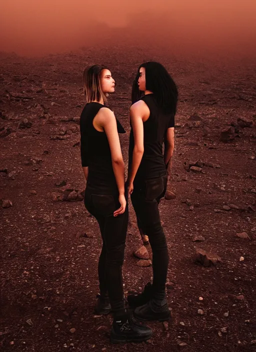 Image similar to cinestill 5 0 d photographic portrait of two loving female androids wearing rugged black techwear on a desolate plain with a red sky, standing in front of a brutalist structure, extreme closeup, cyberpunk style, dust storm, 8 k, hd, high resolution, 3 5 mm, f / 3 2, ultra realistic faces, ex machina