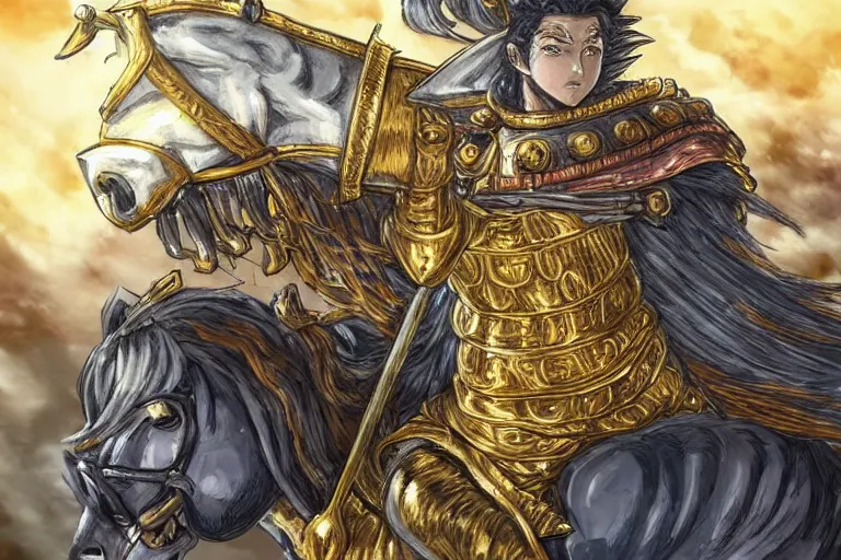 Image similar to an ultra detailed portrait of king richard the lionhearted as a shonen anime protagonist charing into battle wearing bright gold armor and riding a horse bless by god, 8 k, volumetric lighting, art by kentaro miura and akira toriyama