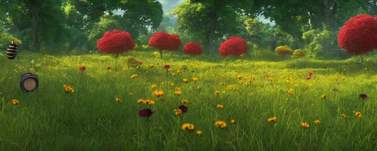 Image similar to a beautiful forest meadow landscape with large bee between flowers, crimson - black beehive, happy trees, photorealistic, octane render, rtx, hdr, unreal engine, digital art widescreen 8 k in the style of studio ghibli and bob ross and pixar and bee movie