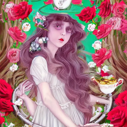 Image similar to Alice in Wonderland at the tea party, she looks like a mix of grimes, Aurora Aksnes and Lana Del rey, childlike, billowing elaborate hair and dress, strings of pearls, surrounded by red and white roses, digital illustration, inspired by a stylistic blend of Aeon Flux, Japanese shoujo manga, and John singer Sargent paintings, hyper detailed, dreamlike, otherworldly and ethereal, delicate, flower petals, super photorealistic, iridescent, prismatic light, extremely fine inking lines