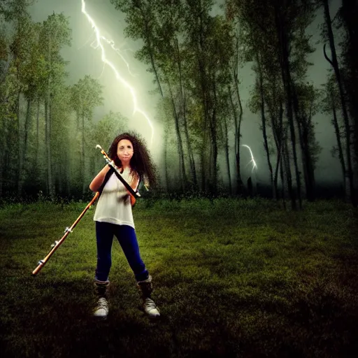 Image similar to young girl playing flute, birch forest clearing, storm at night, lightning dragons race down toward her, low angle facing sky, cinematic, dramatic lighting, big storm clouds, high contrast