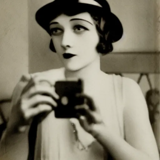 Image similar to vintage photo of a modern girl in the 1920s taking a selfie with an iPhone, 35mm film