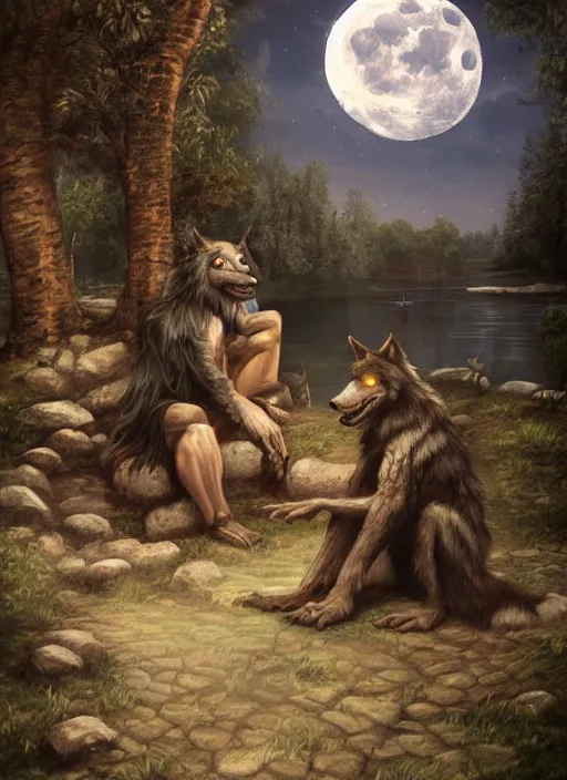 Image similar to a painting of a werewolf at night sitting next to a human child in front of full moon, fantasy art, matte painting