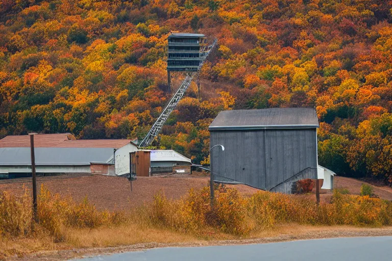 Prompt: a road next to warehouses, and a autumn hill background with a radio tower on top, 3 0 0 mm telephoto lens