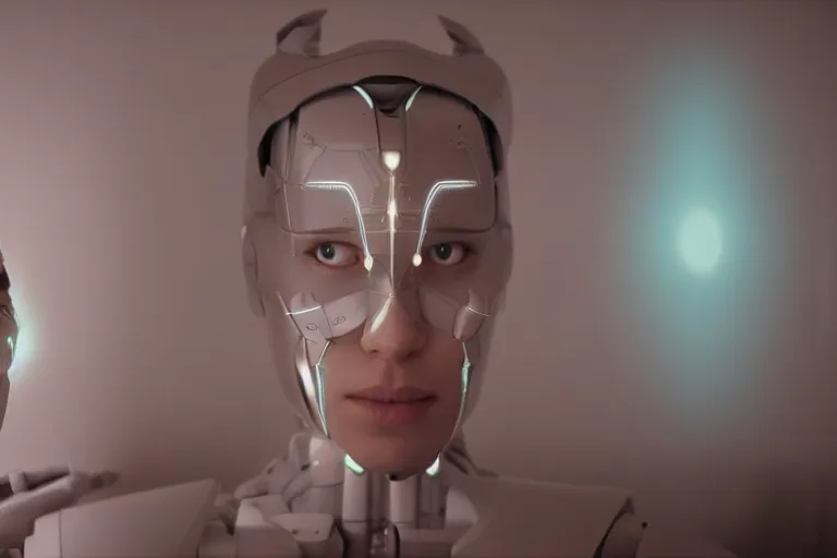 Image similar to VFX movie of a futuristic robot portrait in living room, beautiful natural skin neon lighting by Emmanuel Lubezki