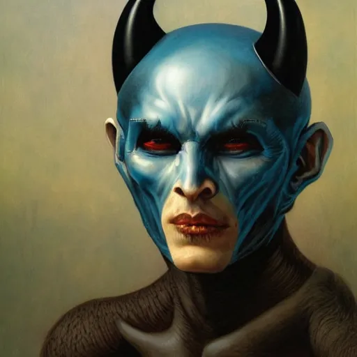 Prompt: portrait of a humanoid with horns, cyan skin and completely black eyes, by gerald brom